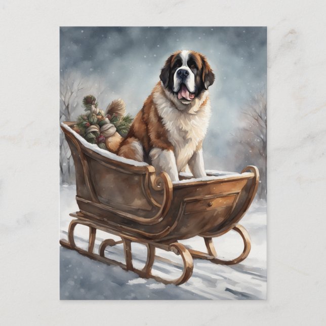 St Bernard Winter Sleigh Scene Vykort (Framsida)