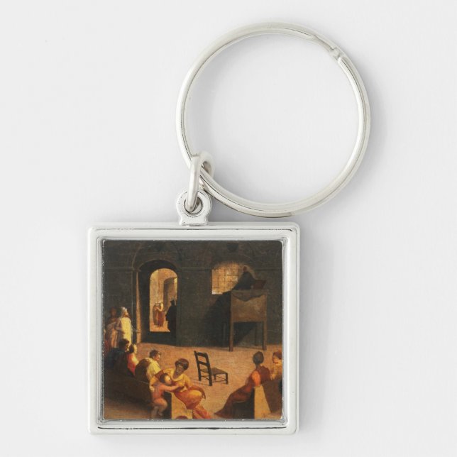 St Bernardino av Siena att predika Fyrkantig Silverfärgad Nyckelring (Framsidan)