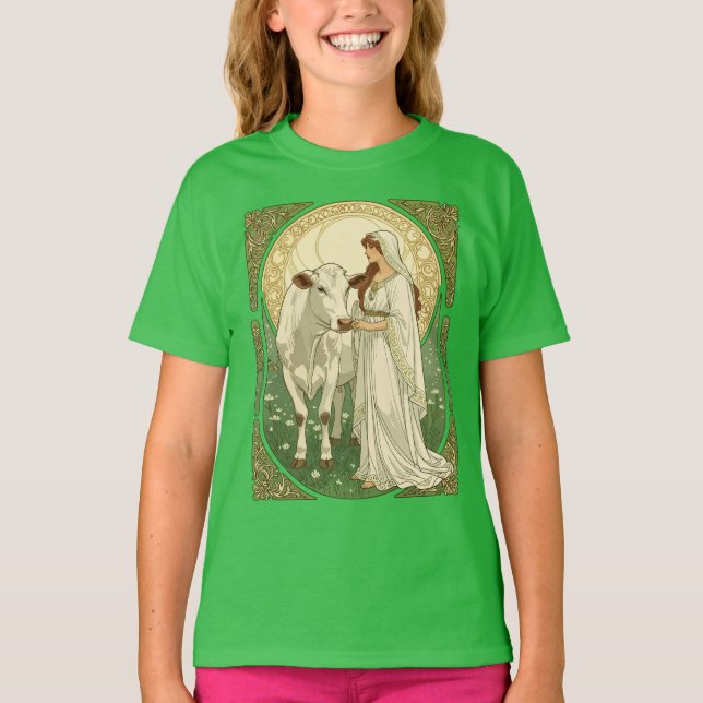 St Brigid and White Cow T Shirt (Framsida)