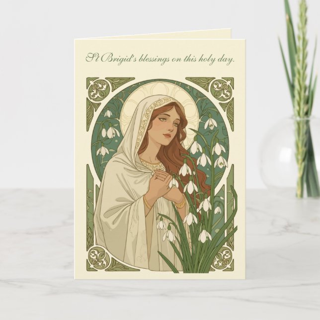 St Brigid Art Nouveau Halo and Snowdrops Kort (Framsida)