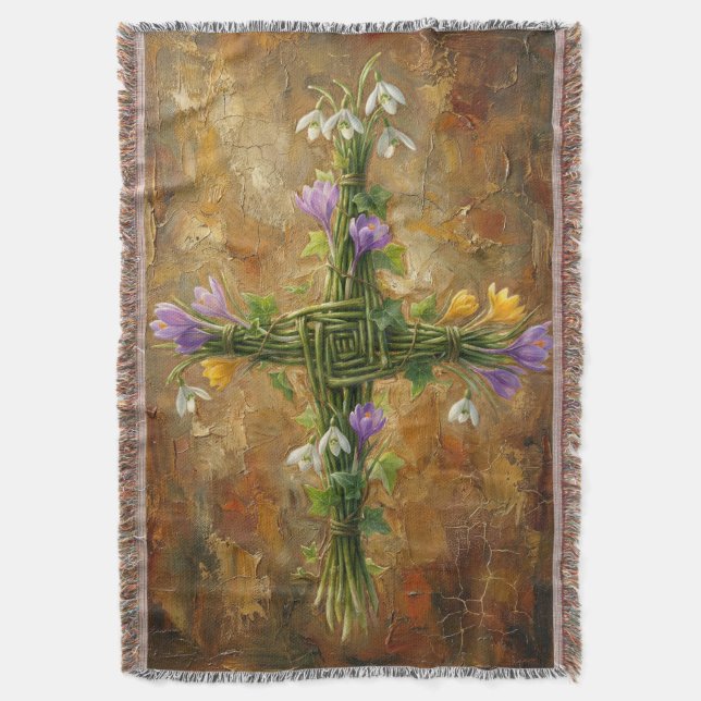 St Brigid Cross Green Rushes Crocus Imbolc Art Filt (Framsidan Vertikal)