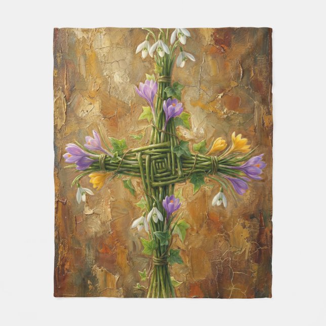 St Brigid Cross Green Rushes Crocus Imbolc Art Fleecefilt (Framsidan)