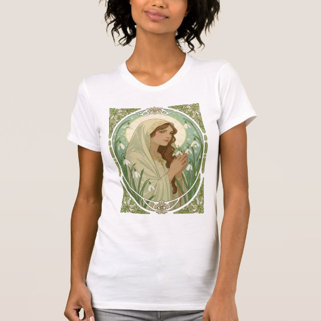 St Brigid Holding Snowdrops at Imbolc T Shirt (Framsida)