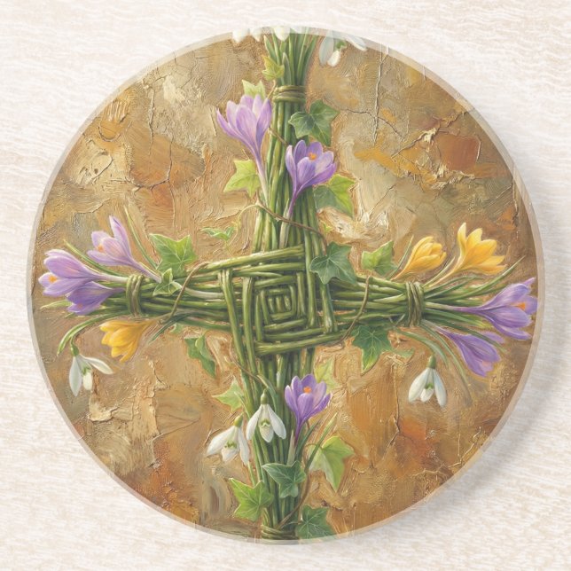St Brigid-kors Gröna Rörkrysantem Imbolc Konst Underlägg (Framsidan)