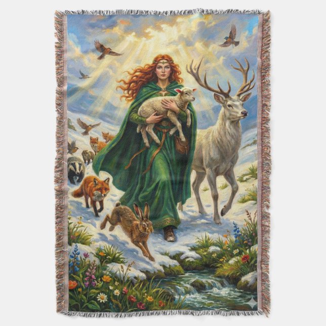 St Brigid Spring Goddess Woodland Animals Imbolc Filt (Framsidan Vertikal)