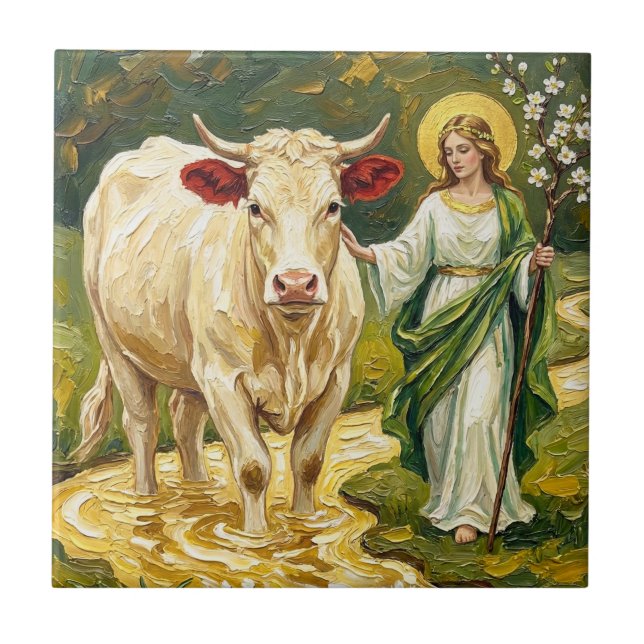 St. Brigid & The White Cow (Imbolc) Kakelplatta (Framsidan)