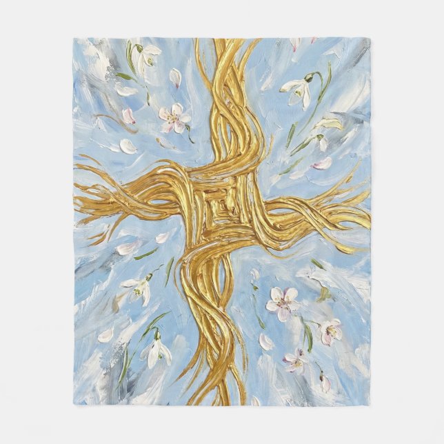 St Brigid's Cross Snowdrops Golden Imbolc Art Fleecefilt (Framsidan)