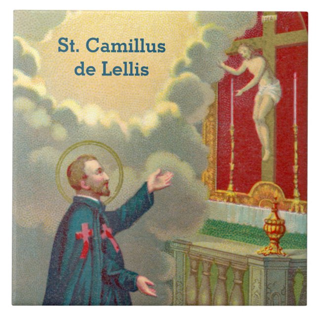 St. Camillus Praying före en Crucifix (M 020) Kakelplatta (Framsidan)