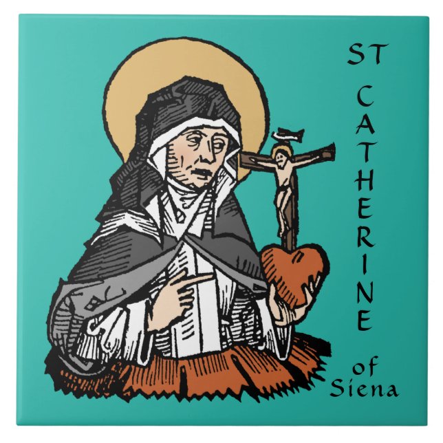 St. Catherine of Siena med Crucifix-Topped Heart Kakelplatta (Framsidan)