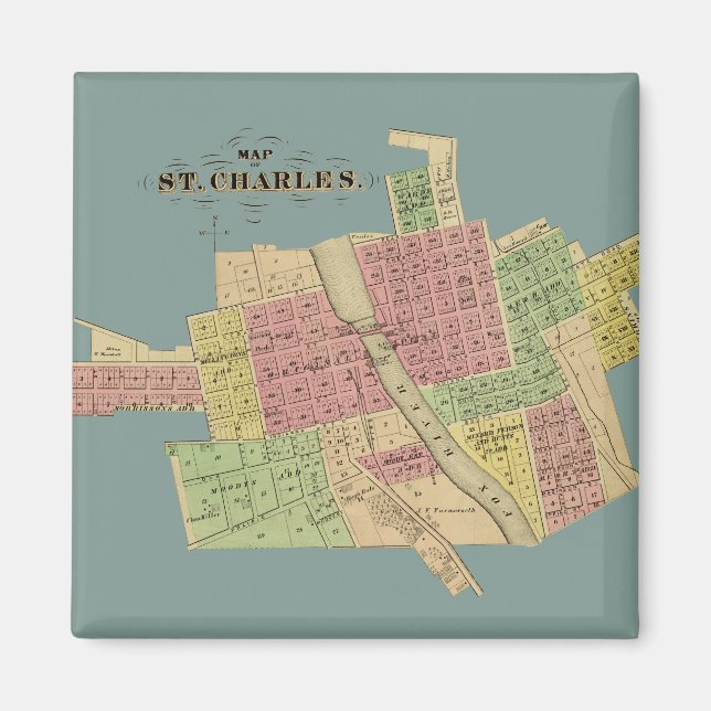 St Charles ILLINOIS 1871 KARTA FOX RIVER KANE COUN Magnet (Framsidan)