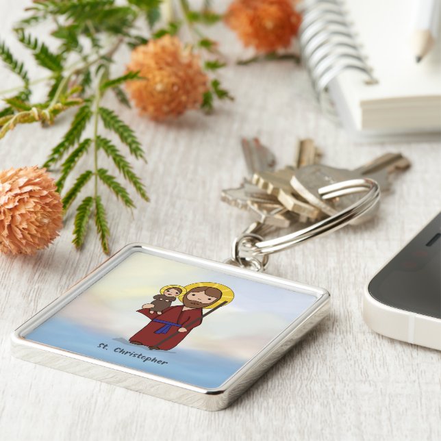 St. Christopher Feast Day Saint Fyrkantig Silverfärgad Nyckelring (Sidan)