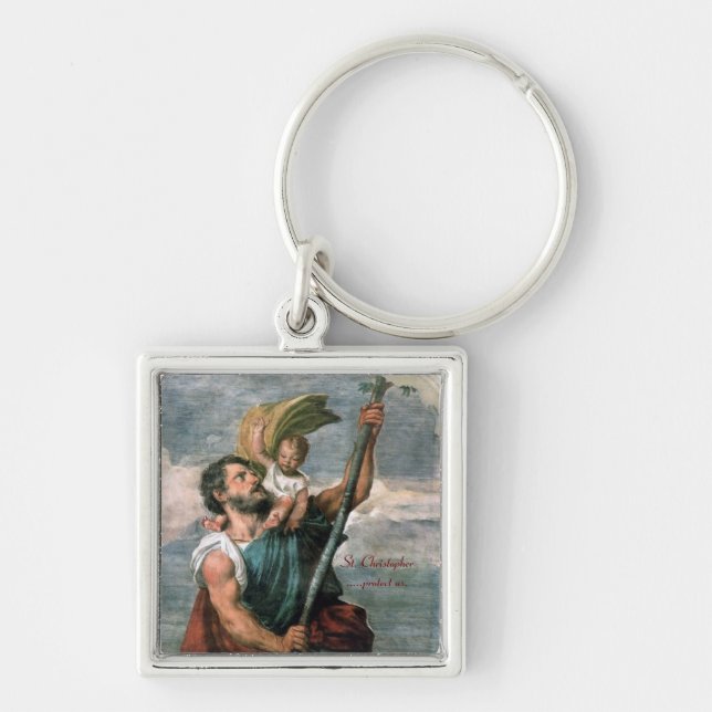 St Christopher. .keychain Fyrkantig Silverfärgad Nyckelring (Framsidan)