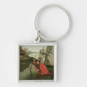 St Christopher som bär Kristusbarnet Fyrkantig Silverfärgad Nyckelring