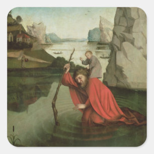 St Christopher som bär Kristusbarnet Fyrkantigt Klistermärke