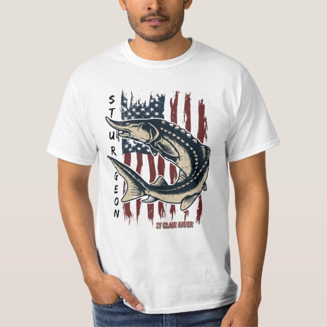 St Clair River Sturgeon Fish with Flag Shirt T Shirt (Framsida)