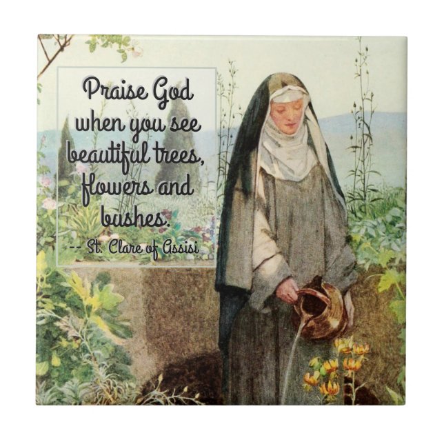 St Clare of Assisi Watering Flowers (M 065; Offert Kakelplatta (Framsidan)