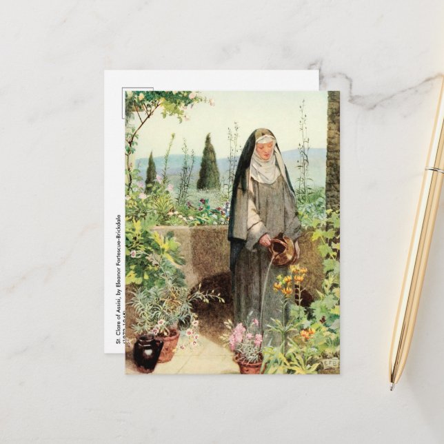 St Clare of Assisi Watering Flowers (M 065) Vykort (Fram/Back In Situ)