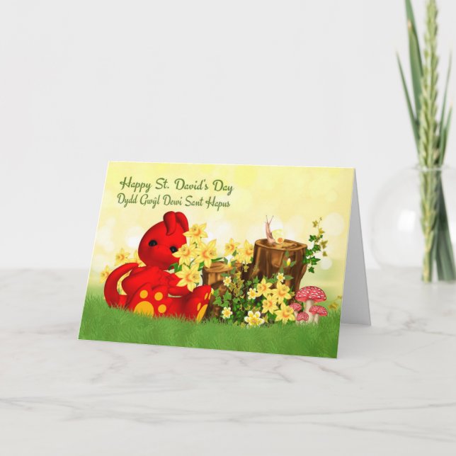 St. David's Day Hälsning Cute Dragon & Daffodills Kort (Framsida)