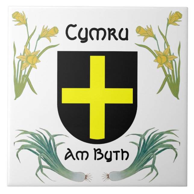St. David's Shield med Daffodils & Leeks Kakelplatta (Framsidan)