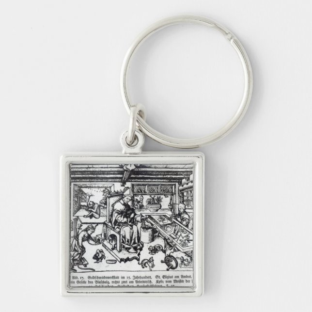 St. Eligius som en guldsmed i hans seminarium Fyrkantig Silverfärgad Nyckelring (Framsidan)