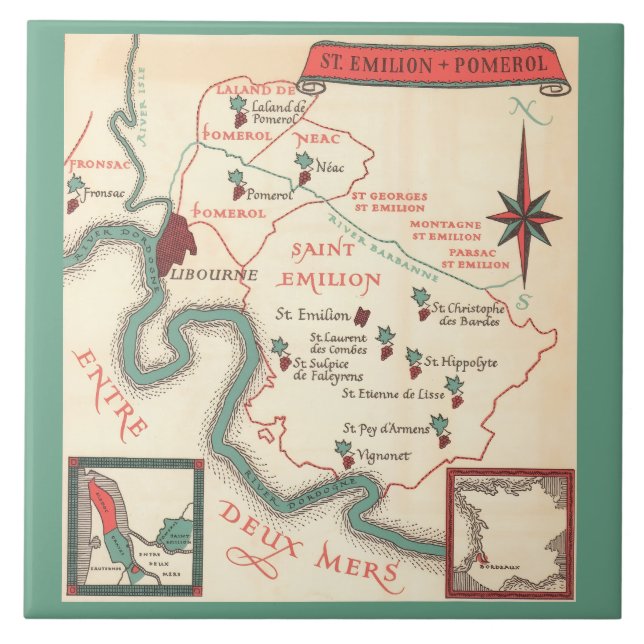 St. Emilion Bordeaux Vinkarta Keramisk Kakel (Framsidan)
