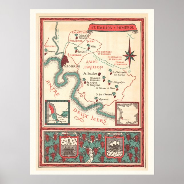 St. Emilion Bordeaux Wine Map Print Poster (Framsidan)