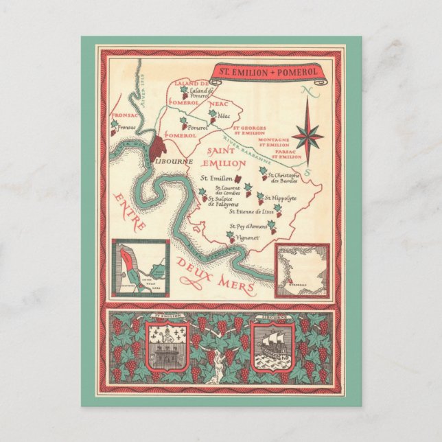  St. Emilion Bordeaux Wine Map Vykort (Framsida)