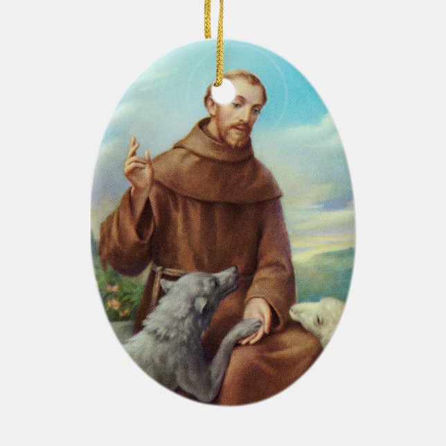 St Francis av Assisi med vargen Julgransprydnad Keramik (Baksidan)