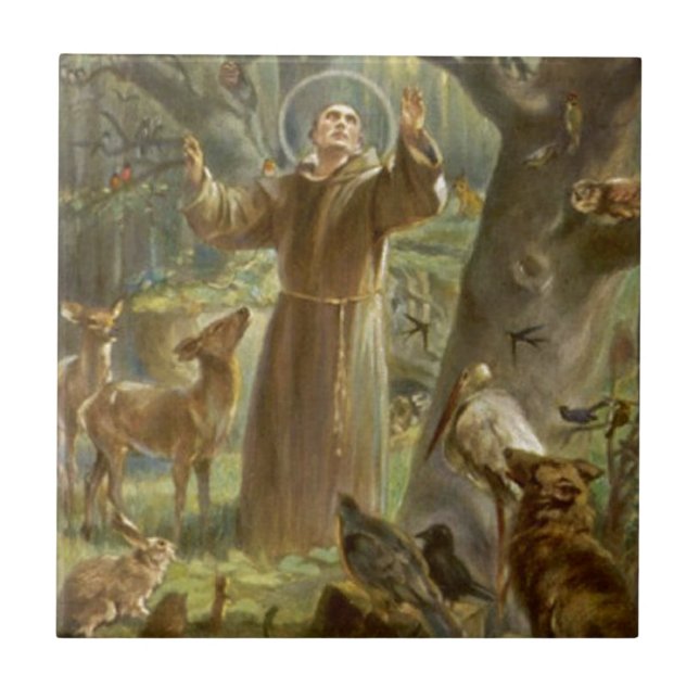St Francis av Assisi som predikar till djuren Kakelplatta (Framsidan)