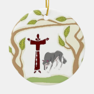 St Francis och vargtien, gåva boxas, kedjar etc. Julgransprydnad Keramik
