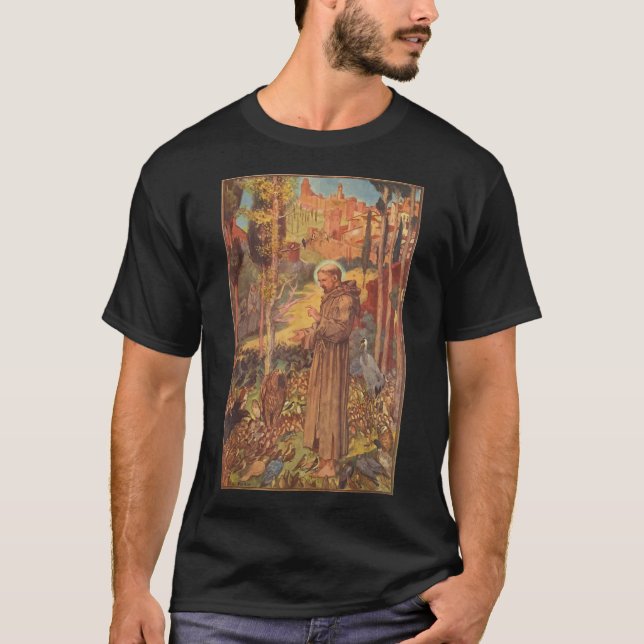 St Francis of Assisi Art Patron Saint of Animals C T Shirt (Framsida)