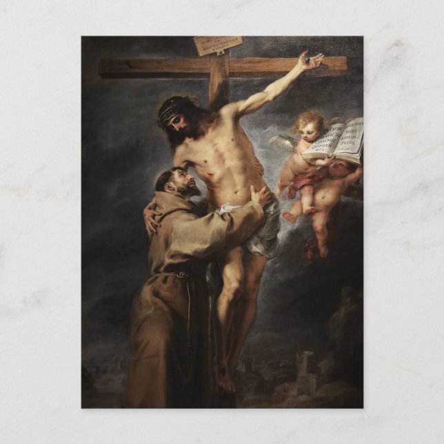St. Francis of Assisi Embracing Kristus by Murillo Vykort (Framsida)