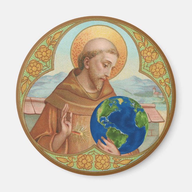 St. Francis of Assisi Holding Earth Button Magnet (Framsidan)