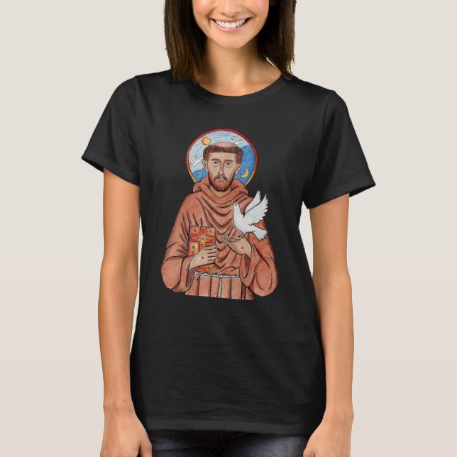 St Francis of Assisi Patron Saint of Animals Catho T Shirt (Framsida)
