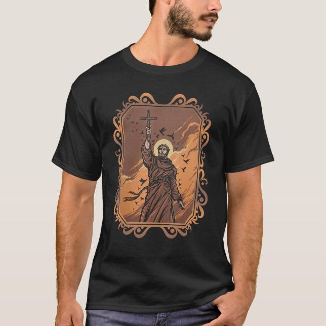 St Francis of Assisi Patron Saint of Animals Catho T Shirt (Framsida)