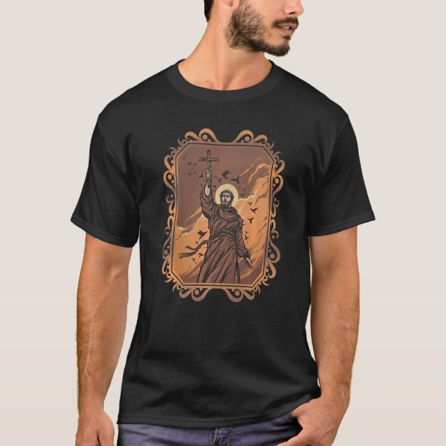 St Francis of Assisi Patron Saint of Animals Catho T Shirt (Framsida)