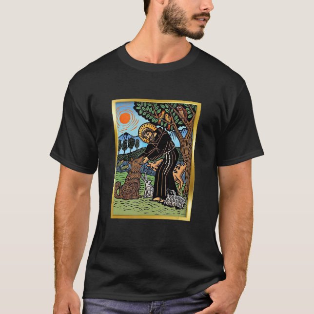 St Francis of Assisi Patron Saint of Animals Catho T Shirt (Framsida)
