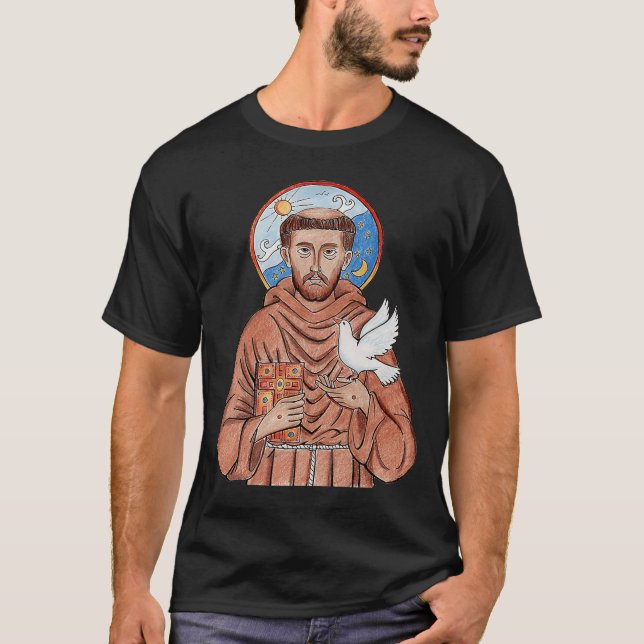 St Francis of Assisi Patron Saint of Animals Catho T Shirt (Framsida)