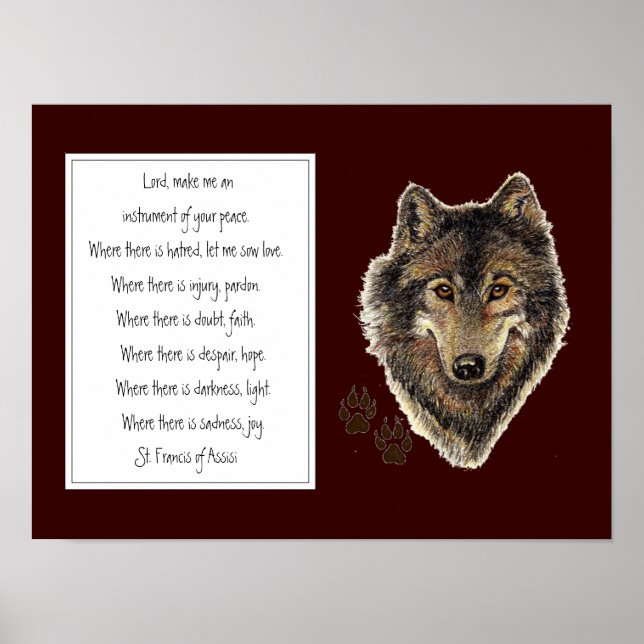 St. Francis of Assisi Prayer med Varg och spår Poster (Framsidan)