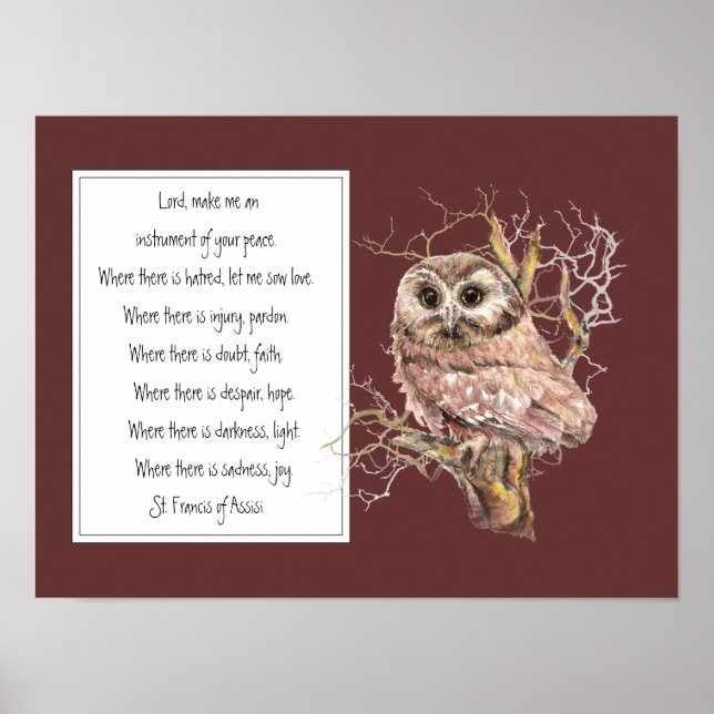 St. Francis of Assisi Prayer med Wise Uggla Bird Poster (Framsidan)