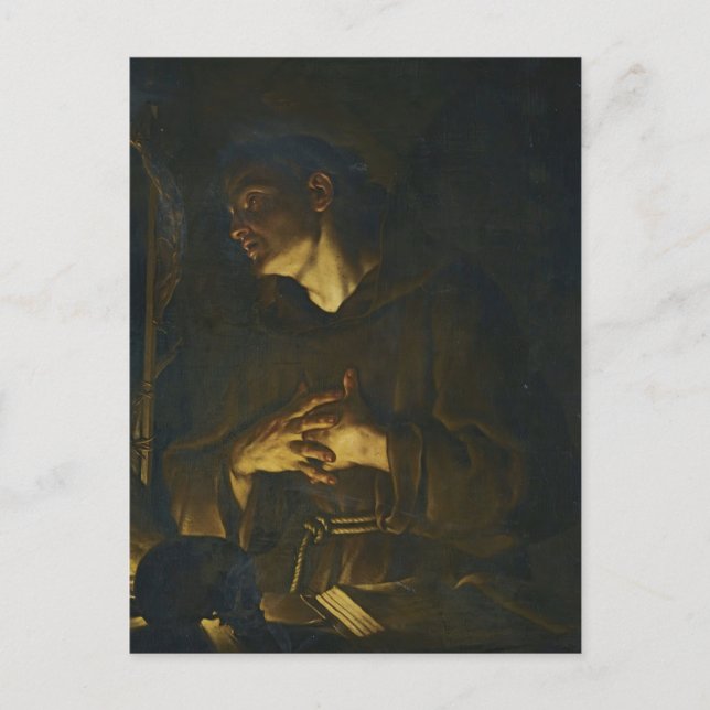 St. Francis Praying Före en Crucifix av Trevisani Vykort (Framsida)