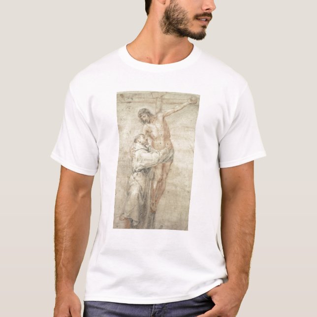 St Francis som kasserar världen och omfamna Tee Shirt (Framsida)