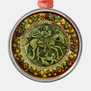ST.GEORGE, DRAGON BRONZE MEDALLION BLOMMIGT KRONA JULGRANSPRYDNAD METALL