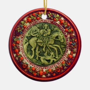 ST.GEORGE, DRAGON/MADONNA OCH CHILD BLOMMIGT KRONA JULGRANSPRYDNAD KERAMIK