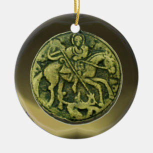 ST GEORGE, DRAKE /MADONNA OCH BARNMEDALJONG JULGRANSPRYDNAD KERAMIK
