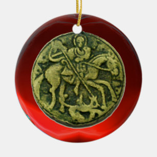 ST GEORGE, DRAKE /MADONNA OCH BARNMEDALJONG JULGRANSPRYDNAD KERAMIK