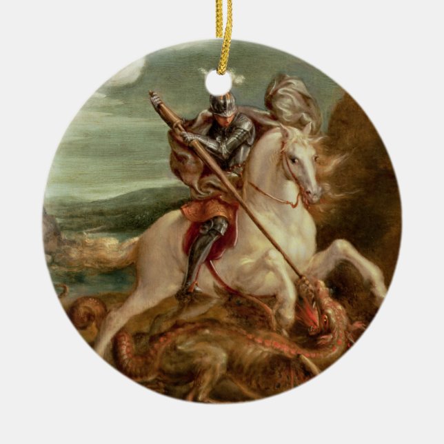 St George som dräpar draken, (olja på panel) Julgransprydnad Keramik (Framsidan)