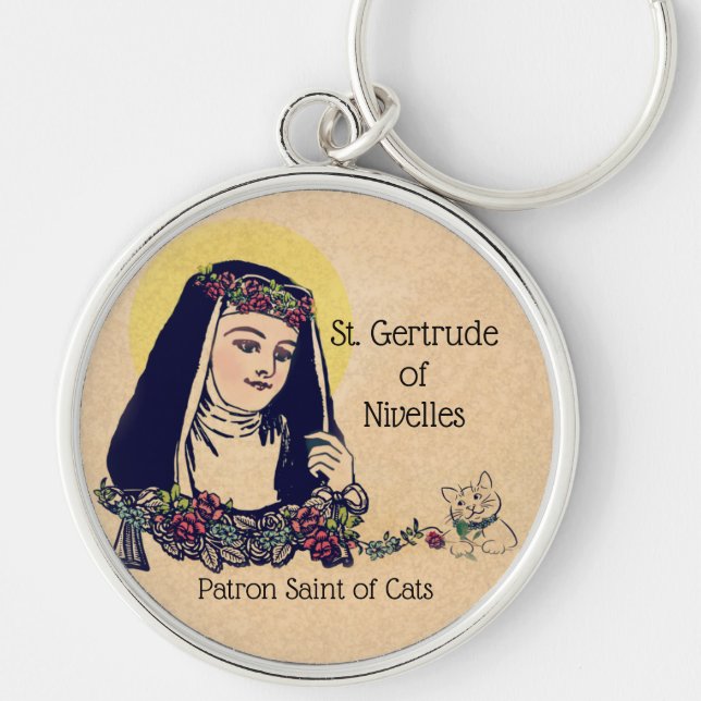 St. Gertrude av den Nivelles skyddshelgonet av Rund Silverfärgad Nyckelring (Framsidan)