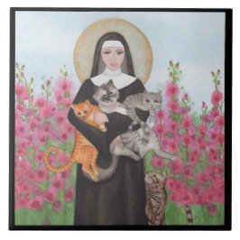 St. Gertrude Patron of Cats Watercolor Gräns Kakelplatta