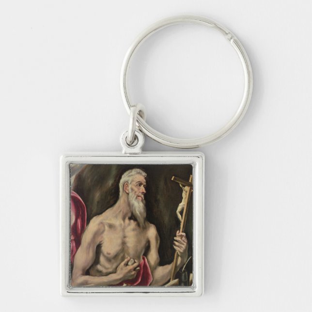 St Jerome Fyrkantig Silverfärgad Nyckelring (Framsidan)